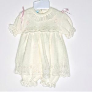 Vintage Heirloom Ivory and Lace Knit Dress with Bloomers Infant Baby 0-3M